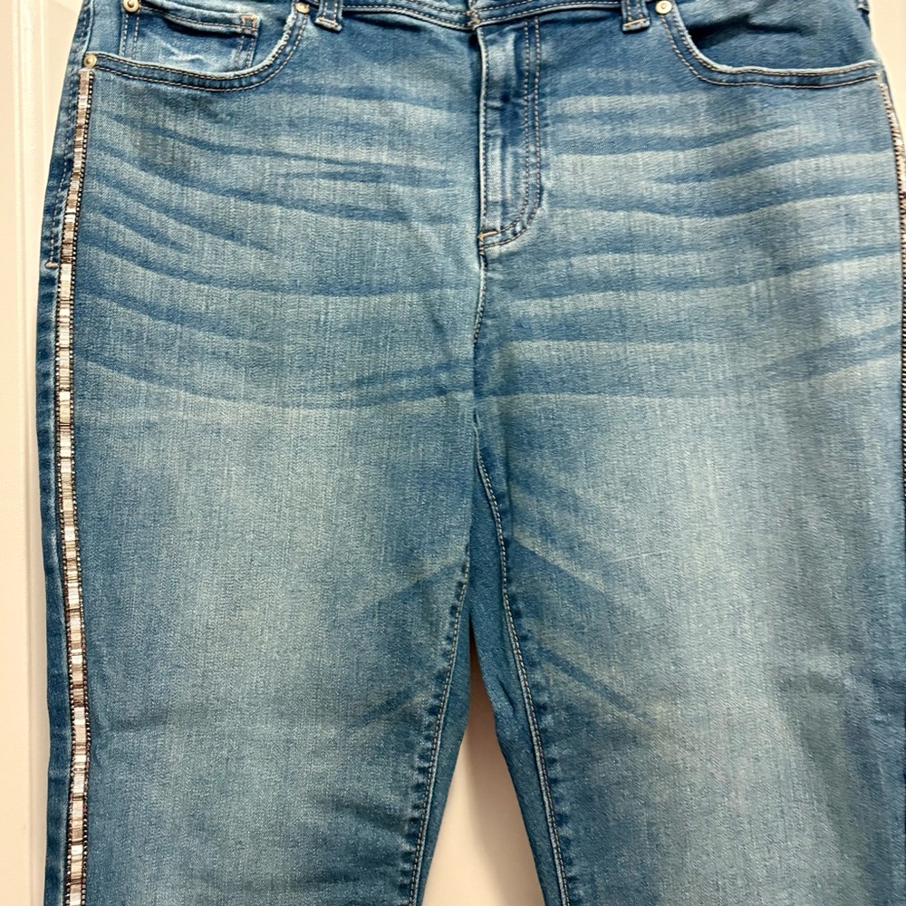 INC International Concepts Blue Capris with Silver Side Stripe - Picture 2 of 6